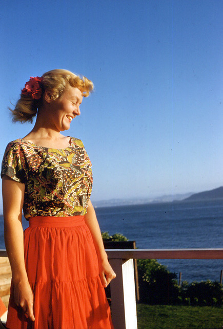 Frances Peterson, mother of Joel Peterson, looking out to the San Francisco Bay.
